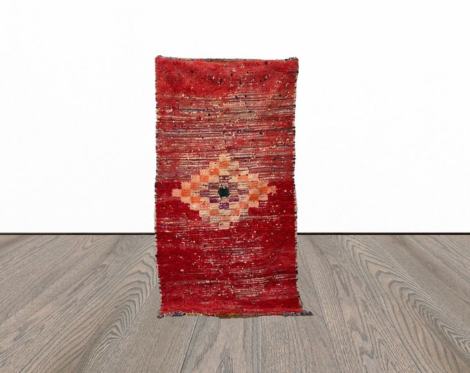 Vintage red area rug, 3x7 feet moroccan rug, azilal berber rug, unique red rug, handwoven rug.