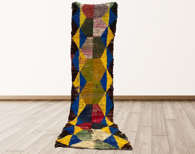 2x10 foot Colorful Rugs tribal Morocco Azilal, Morrocan Berber Vintage Rug.
