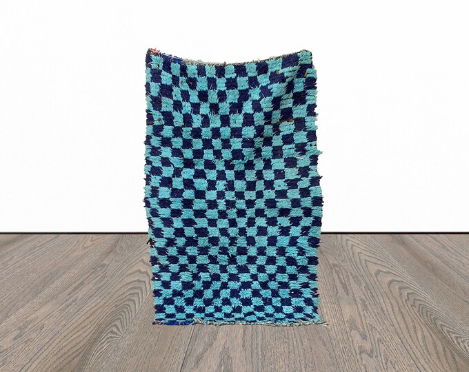 Moroccan checkered area rug, 3x6 feet vintage berber rug, azilal woven rug.