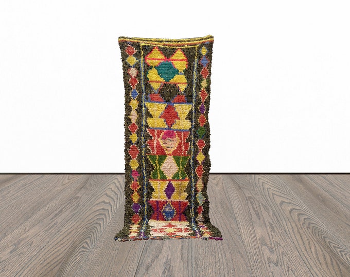 Vintage boucherouite runner rug, 3x9 feet entryway runner rug, moroccan berber runner rug.