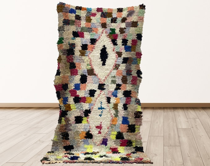 Moroccan Berber Vintage Rug, 3x6 feet Boucherouite rugs.