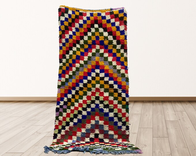 Checkered Vintage Colorful Azilal Moroccan 3x7 feet Rug, Berber Moroccan vintage rugs