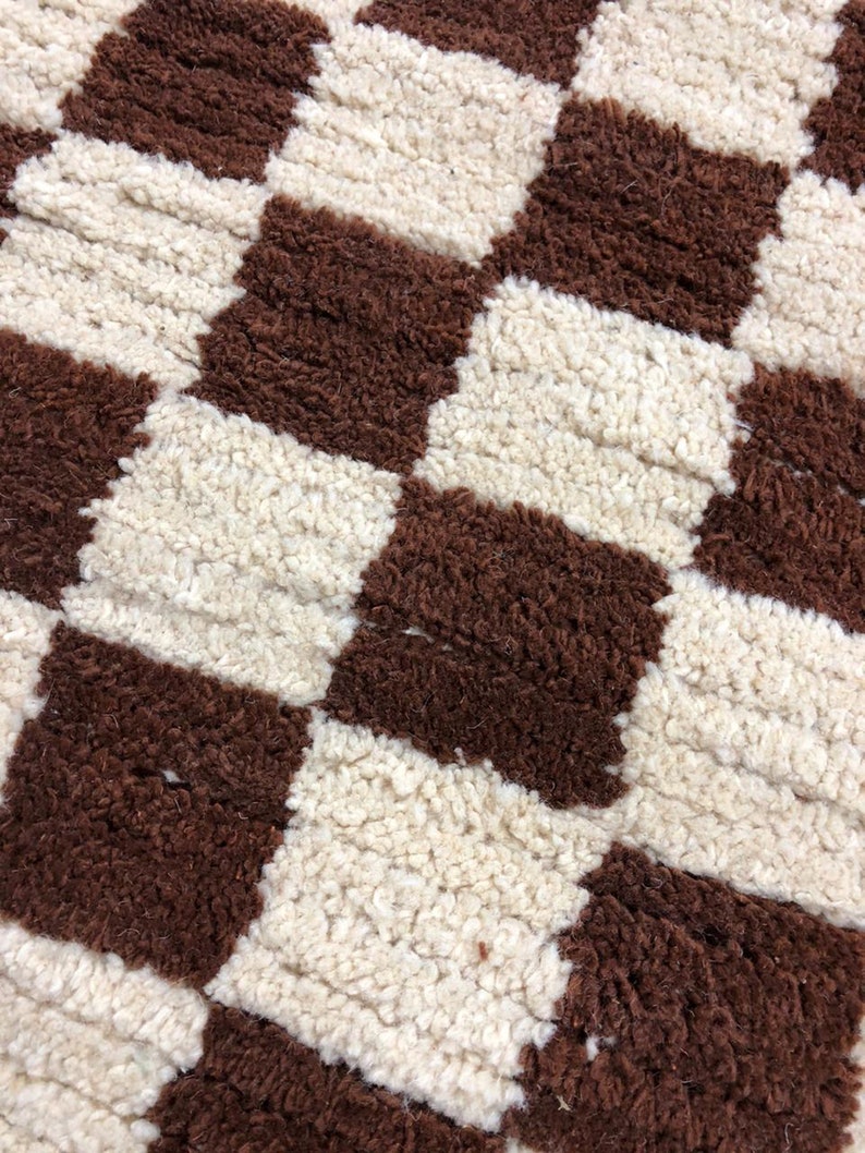 Narrow Moroccan checkered runner rug Dark Brown and white