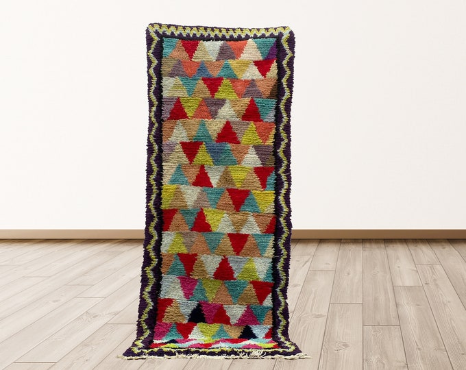 colorful Moroccan Berber vintage 3x7 feet shag rug runner.