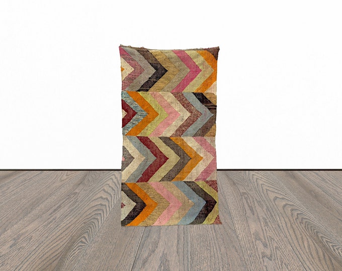 Moroccan kilim area rug, 3x6 feet vintage berber rug, small woven kilim rug, tribal area rug.