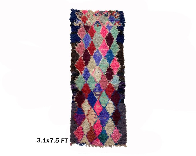 Diamond Moroccan Runner Rug 3x7, Colorful Vintage Runner Rug.