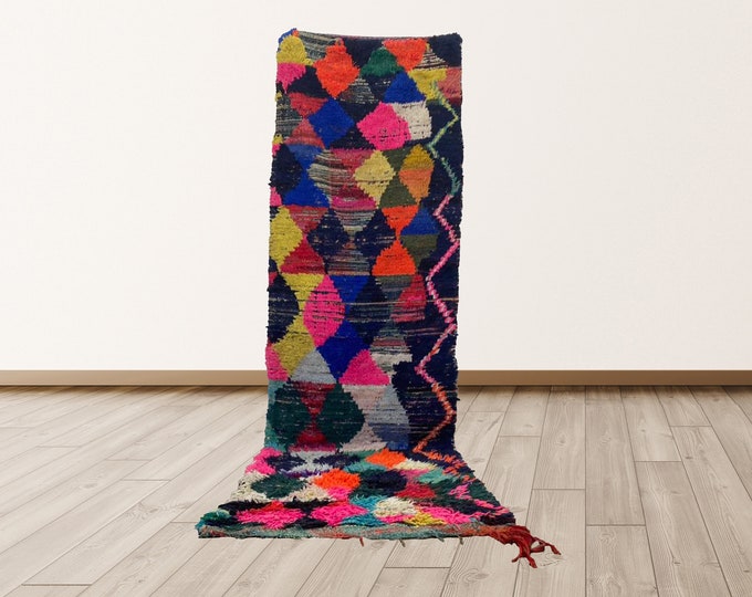 Azilal Colorful Moroccan Rug, Boho rug, 3x8 ft Vintage shag rugs.