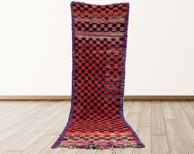 3x10 ft Checkered Runner Vintage Moroccan rug, Morrocan Berber rug.