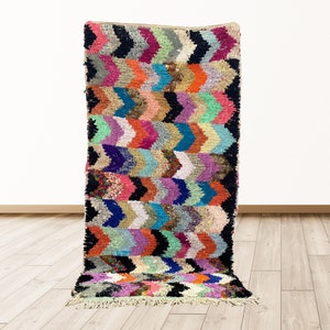 3x6 Berber Boucherouite rug: Vintage Moroccan Tribal Azilal shag Rug.