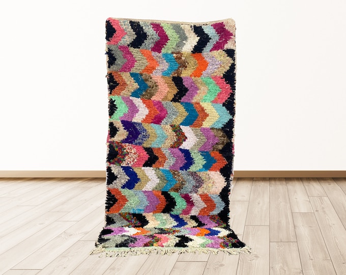 3x6 Berber Boucherouite rug: Vintage Moroccan Tribal Azilal shag Rug.