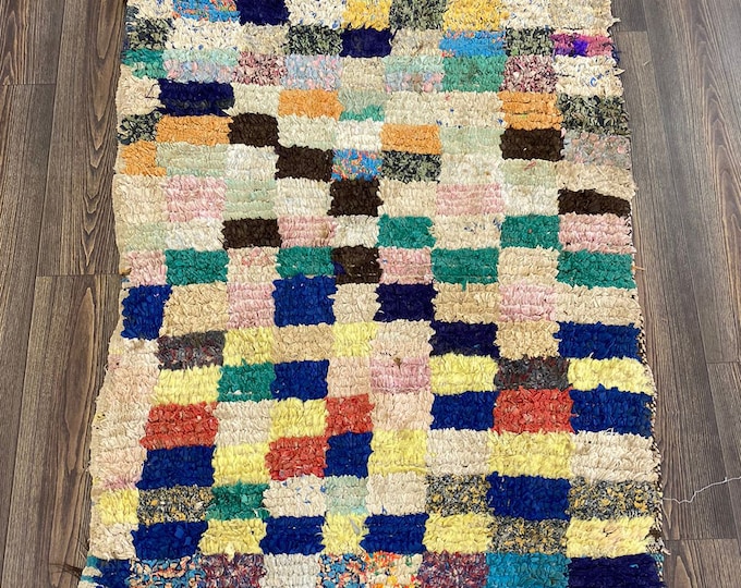 3x4 feet Moroccan vintage boucherouite rugs, Moroccan Vintage Berber rugs.