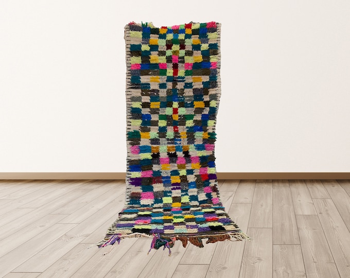 Colored Berber Moroccan Vintage Rug, 2x6 ft Azilal Berber Vintage Rug.