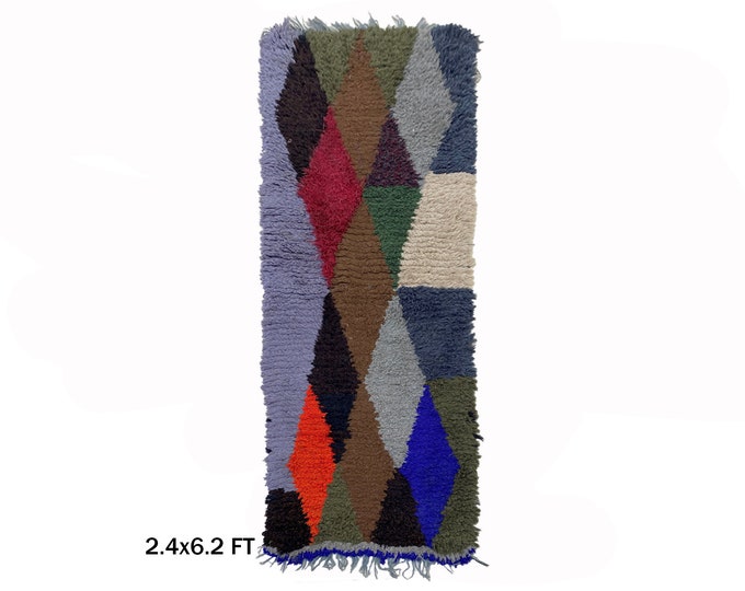 Moroccan Vintage Colorful Rug Runner 2x6, Diamond Unique  Rug.