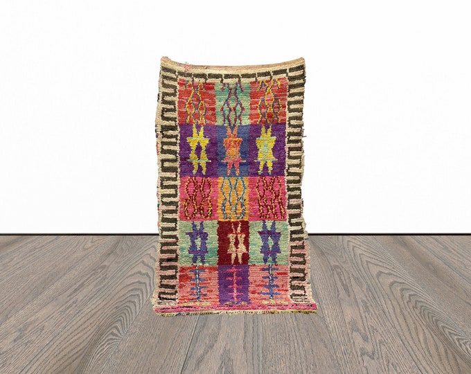 Boucherouite moroccan rug, 4x8 feet vintage area rug, unique woven rug, boujaad berber rug.