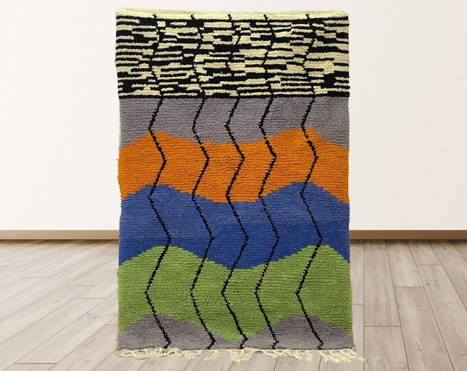 Vibrant Moroccan Handmade Area Rug: Striped Design Rug.