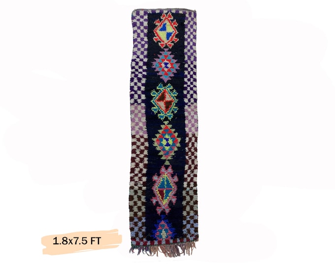 Vibrant Moroccan Vintage Narrow Runner Rug 2x8: Colorful woven Tapestry.