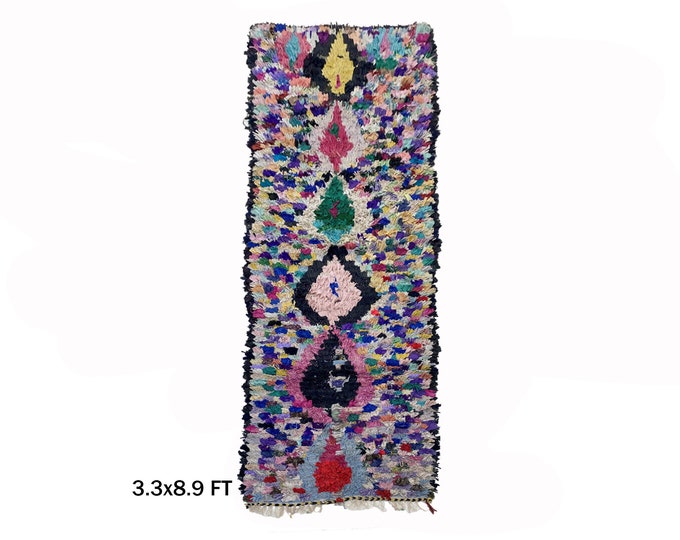 Boucherouite Moroccan Runner Rug 3x9: Bohemain Woven Decor.