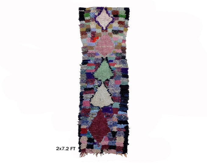 Moroccan Boucherouite Runner Rug 2x7, Vintage Rug.