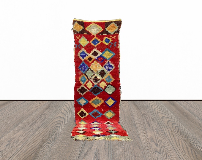 Narrow moroccan red rug runner, 2x10 feet vintage entryway runner rug, berber runner rug.