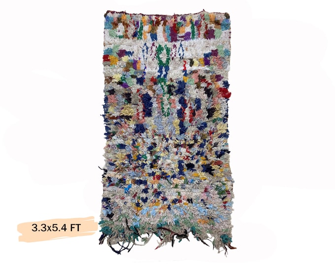 Boucherouite Rug 3x5, Moroccan Colorful Vintage Area Rug.