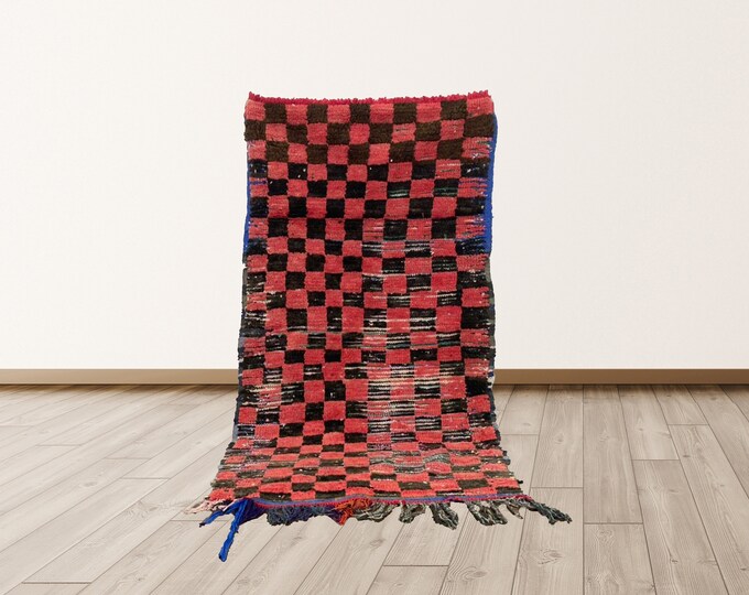 Black and Red Rug Berber, 3X6 ft Runner Moroccan Vintage Rug.