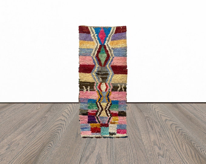 Boucherouite colorful rug, 2x6 feet vintage small rug, berber woven rug, tribal area rug.
