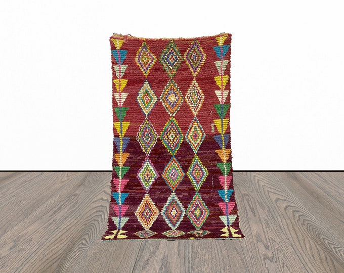 boucherouite vintage area rug, 4x8 feet moroccan berber rug, azilal woven rug, tribal unique rug.