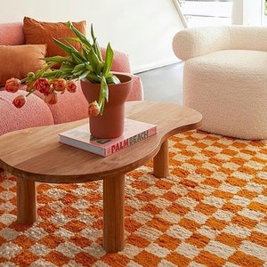 Wool checkered Moroccan orange area rug!