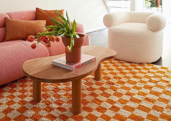 Wool Checkered Moroccan Orange Area Rug Etsy