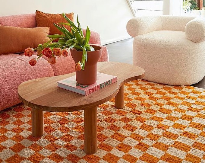 Wool checkered Moroccan orange area rug!