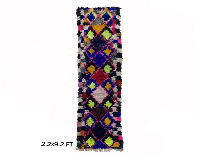 Authentic Moroccan Narrow Rug 2x9, Vintage Colorful Boho Style.