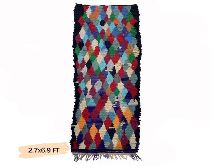 Diamond Rug 3x7: Vintage Moroccan Bohemian Runner Rug.