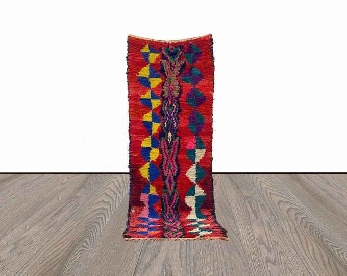 Moroccan red runner rug, 3x9 feet vintage berber rug runner, entryway runner rug, red runner rug.