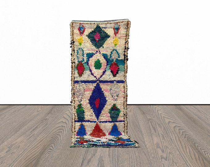 Boucherouite vintage runner rug, 3x9 feet moroccan berber runner rug, entryway runner rug.