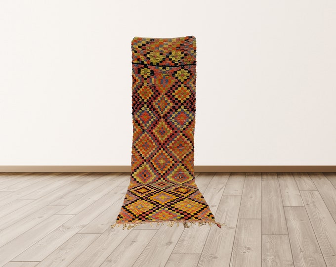 3x10 Long Runner Colorful Berber Moroccan Vintage Rug, Azilal Berber Vintage Rug.