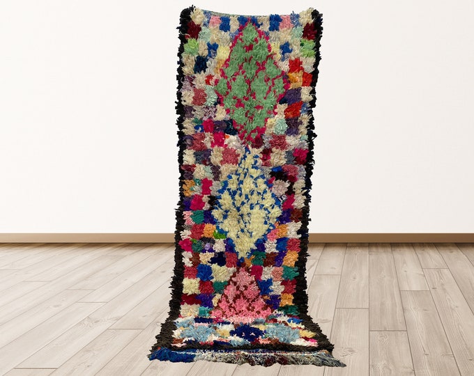 2.6x7.5 foot runner Rugs boucherouite tribal Morocco Azilal, Morrocan Berber Vintage Rug.