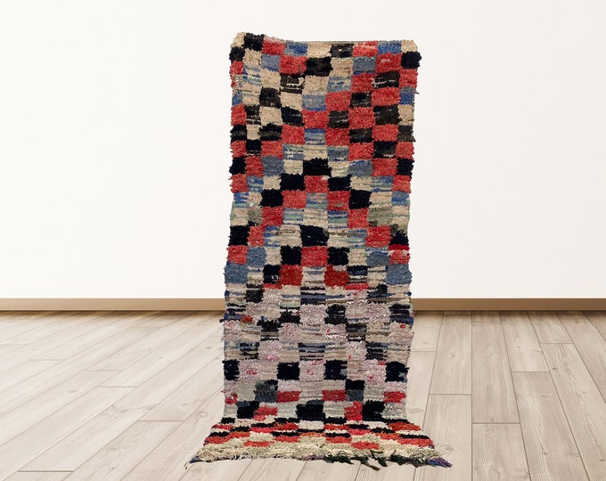 Boucherouite 3x8 feet Rugs tribal Morocco Azilal, Morrocan Berber Vintage Rug.