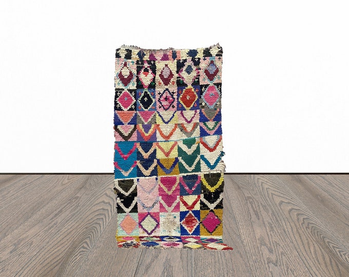 Boucherouite berber rug, 3x8 feet vintage area rug, azilal woven rug, tribal berber rug.