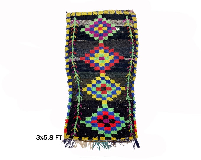 Moroccan Vintage Unique Area Rug 3x6, Handwoven rug.