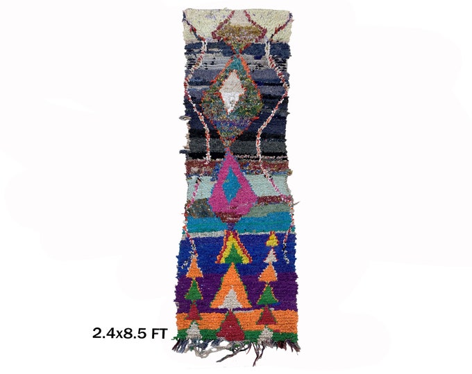 Moroccan Colorful Runner Rug 2x8, Boucheroutie Rug Runner.
