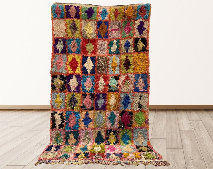 Morrocan Berber Vintage Rug, Boucherouite 4x7 feet Rugs tribal Morocco Azilal.