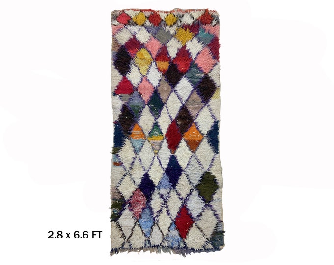 Vintage Diamond Moroccan Runner Rug 3x7: Unique Colorful Rug.