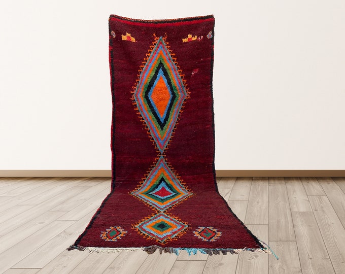 Moroccan vintage runner rug: 11x4 Berber Bohemian shag rugs.
