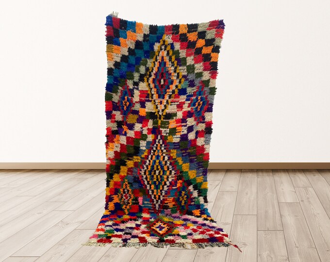 8x3 Ft Colorful Vintage Moroccan rug, Vintage Moroccan Berber colorful Shag Rug.
