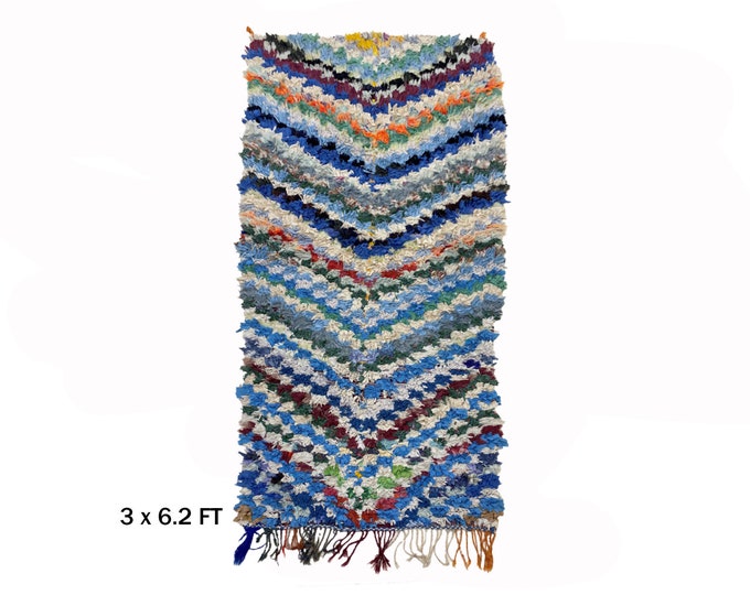 Boucherouite Moroccan Runner Rug 3x6: Vintage Bohemian rug.