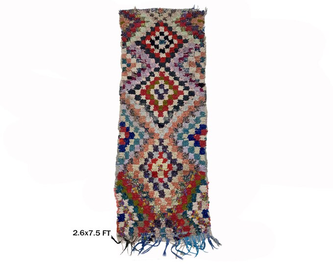 Boucherouite Moroccan Runner Rug 3x8, Vintage Rug Runner.
