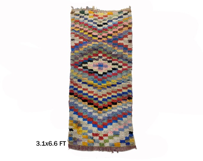 Moroccan Vintage Runner Rug 3x7, Unique Woven Runner.