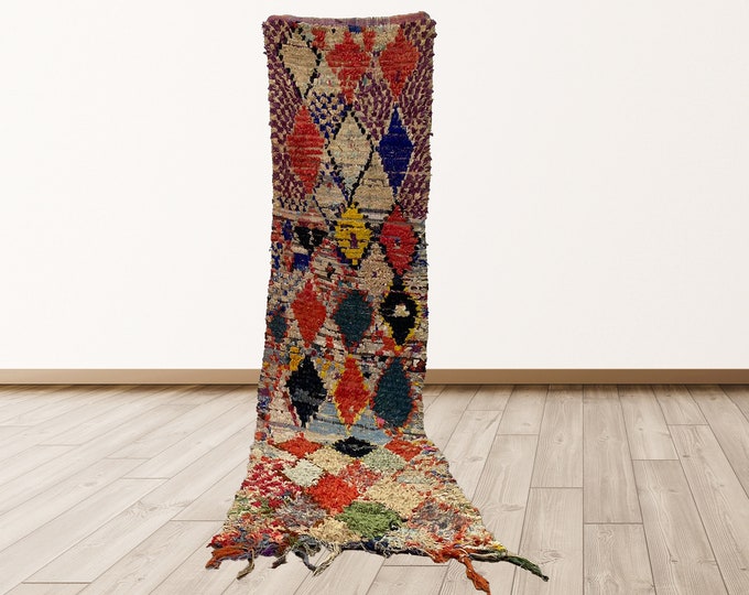 Boucherouite Rugs tribal Morocco Azilal, 3x11 feet Morrocan Berber Vintage Rug.