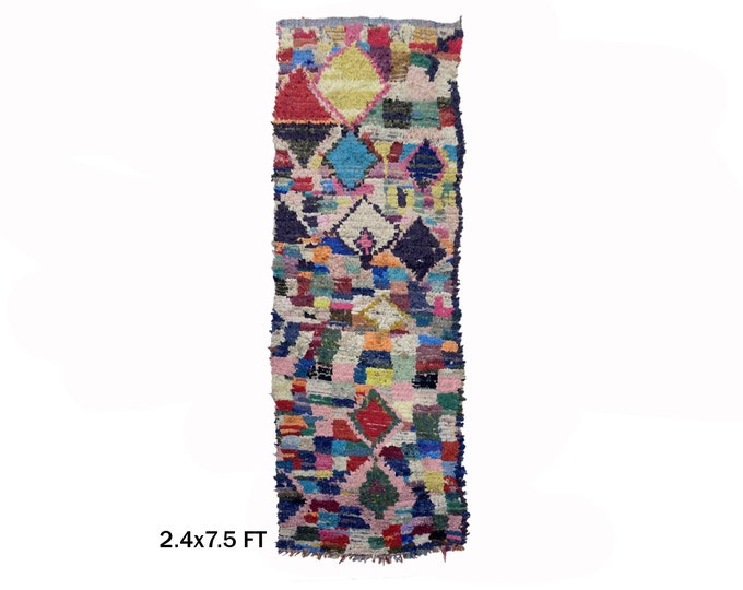 Boucherouite Moroccan Vintage Runner Rug 2x8: Colorful Woven Rug.