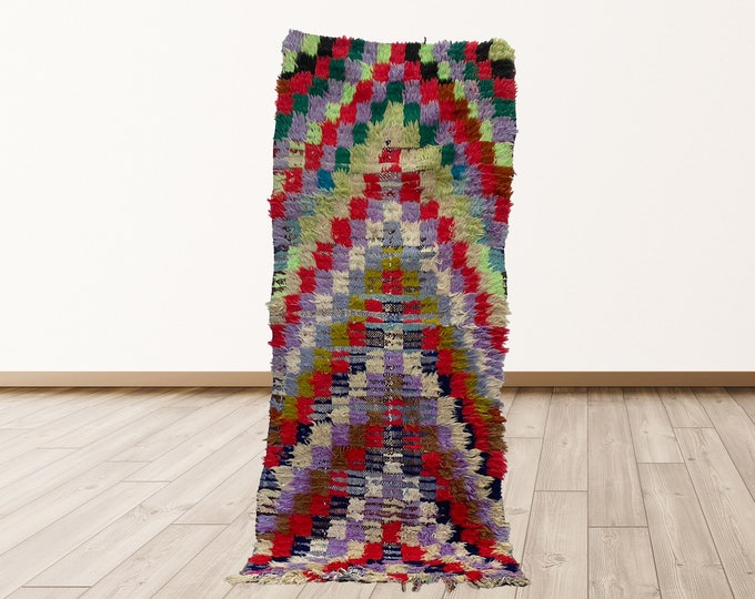 2x5 ft colorful Vintage checkerboard rug, Moroccan Azilal checkered Vintage rug, berber vintage moroccan rug.